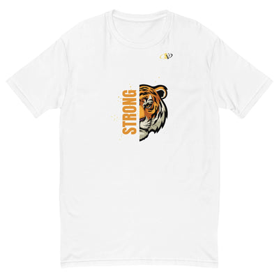 Unisex white short sleeve t-shirt featuring a tiger design with the word 'STRONG' in bold orange.