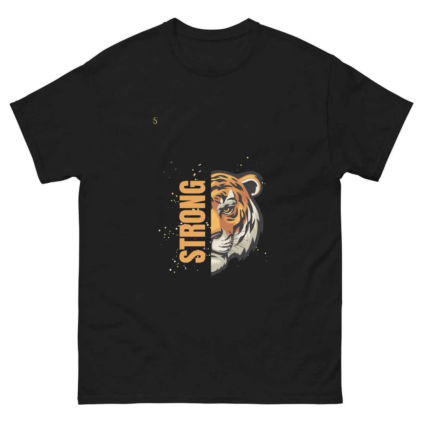 Black t-shirt featuring a graphic of a tiger and the word 'STRONG' for a bold style statement.