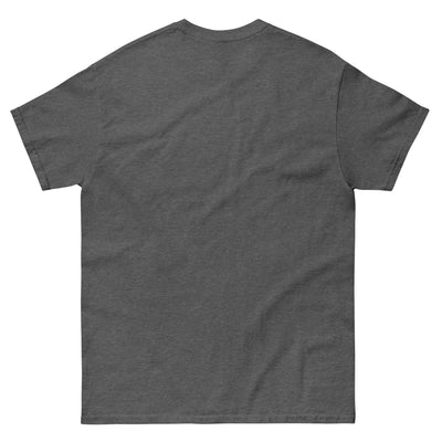 Back view of a unisex classic tee in dark gray, showcasing soft fabric and relaxed fit.