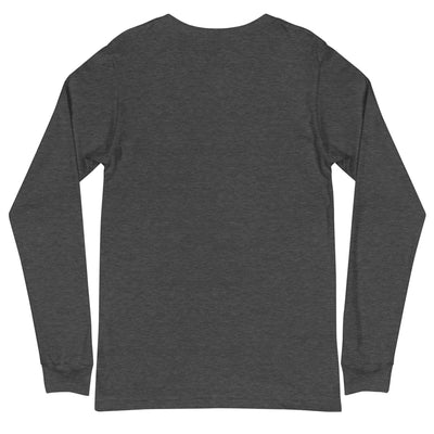 Back view of a unisex long sleeve tee in a dark heather color made from 100% airlume combed cotton.