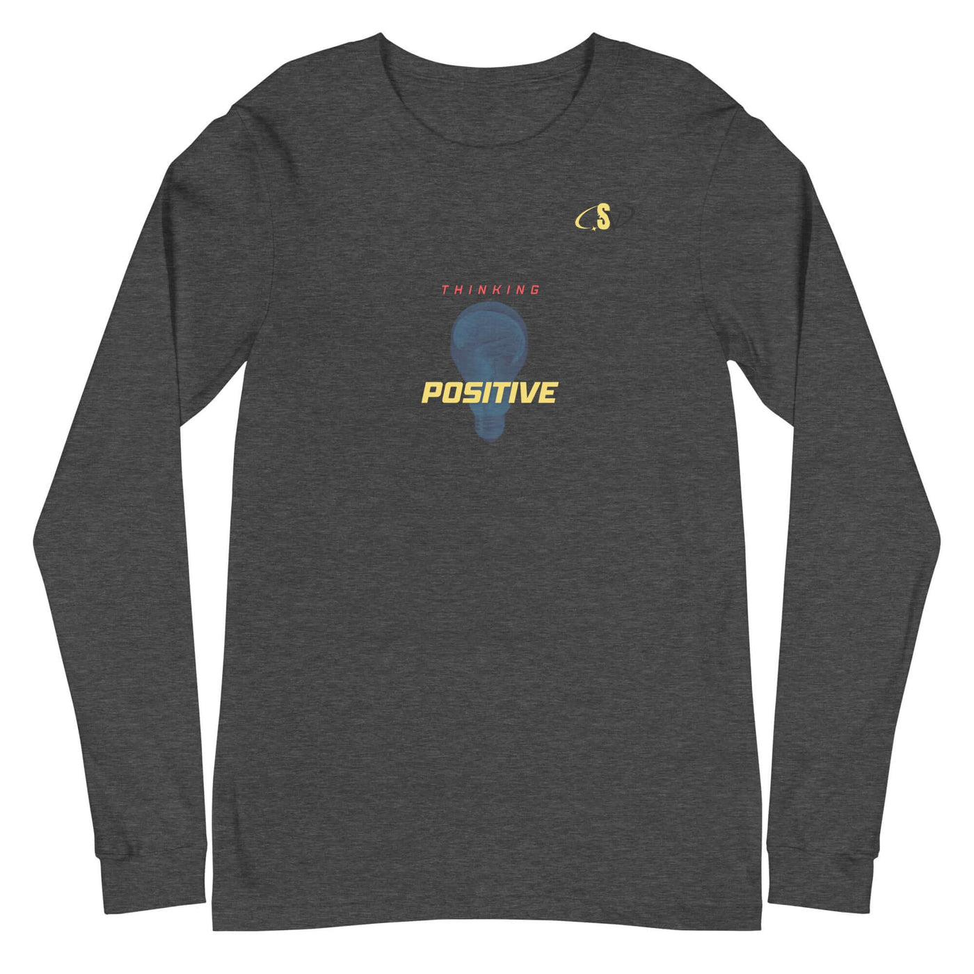 Unisex long sleeve tee with 'Thinking Positive' graphic design in a dark heather color.