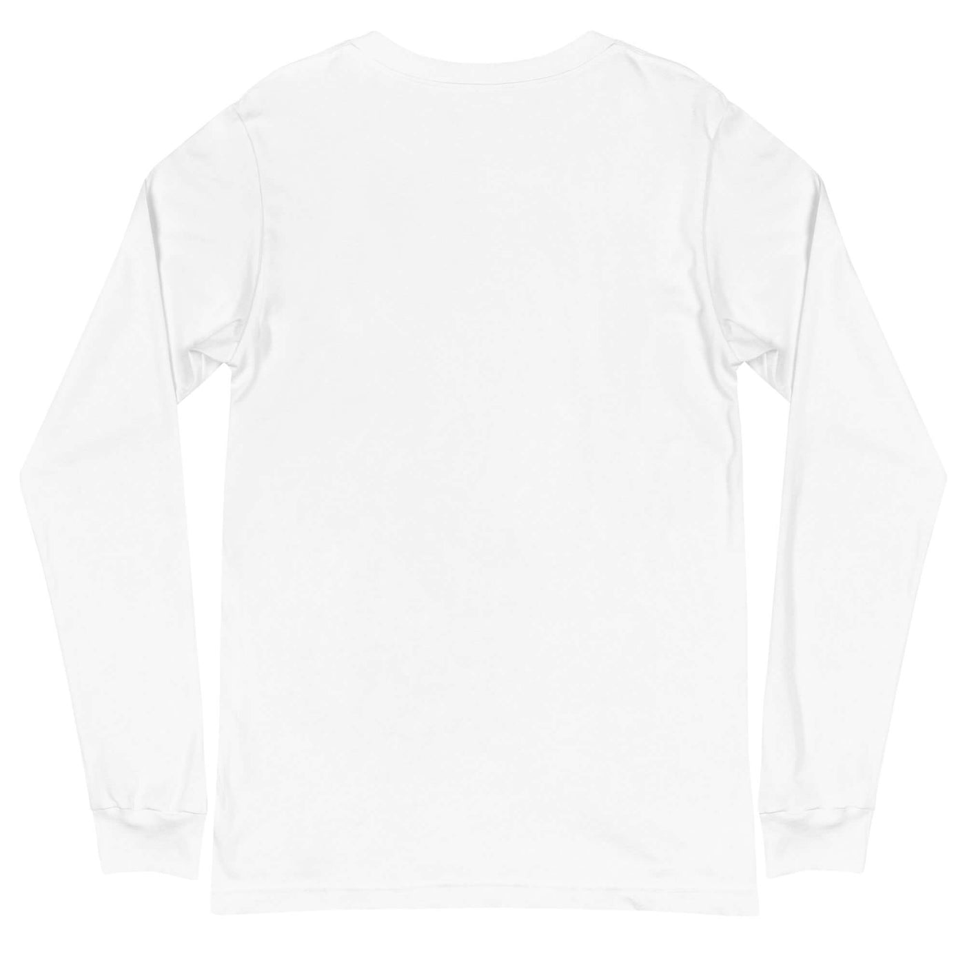 Back view of a unisex long sleeve white tee, made from soft, 100% airlume combed ring-spun cotton.