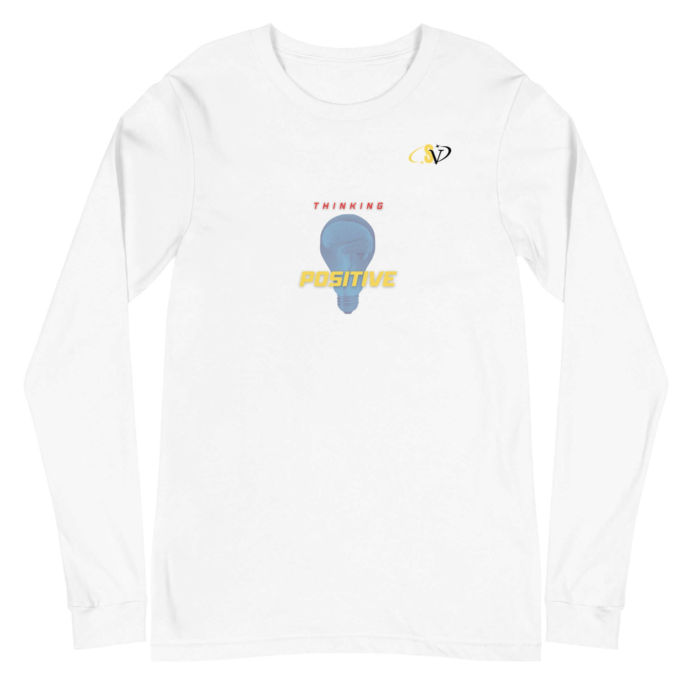 Unisex long sleeve tee featuring a light bulb graphic with 'Thinking Positive' text in colorful design.