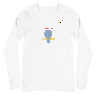 Unisex long sleeve tee featuring a light bulb graphic with 'Thinking Positive' text in colorful design.